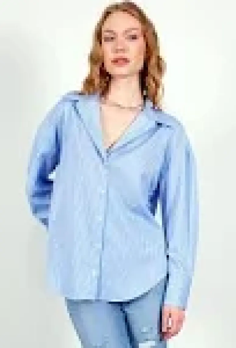 Edition Mavi Ince Çizgili Pamuk Saten Oversize Rahat Kalıp Kadın Basic Gömlek Ek100167432yn