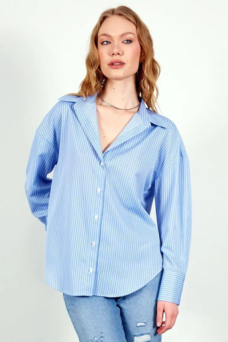 Edition Mavi Ince Çizgili Pamuk Saten Oversize Rahat Kalıp Kadın Basic Gömlek Ek100167432yn