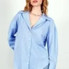 Edition Mavi Ince Çizgili Pamuk Saten Oversize Rahat Kalıp Kadın Basic Gömlek Ek100167432yn