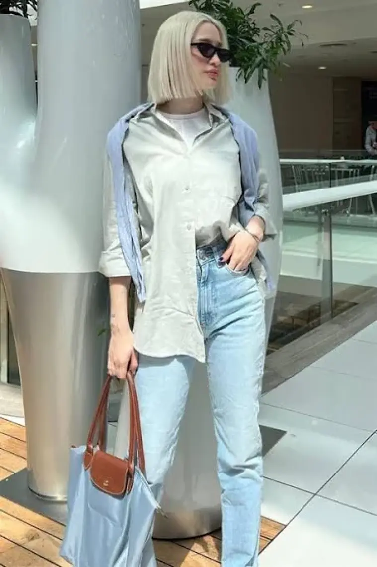 Madmext Gri Oversize Basic Cepli Poplin Gömlek MG1530