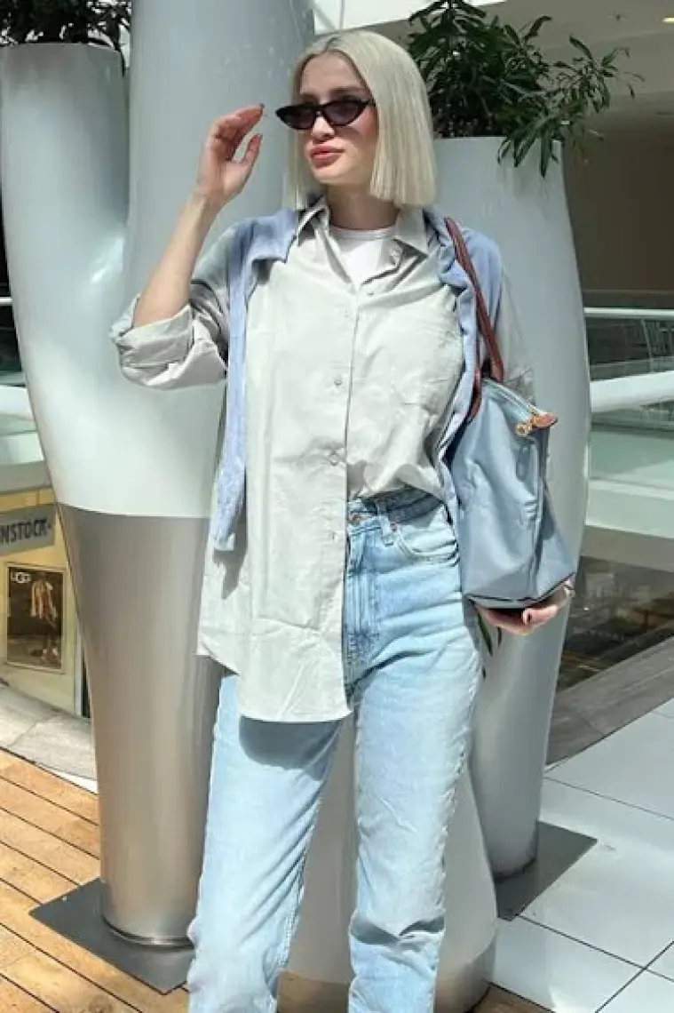Madmext Gri Oversize Basic Cepli Poplin Gömlek MG1530