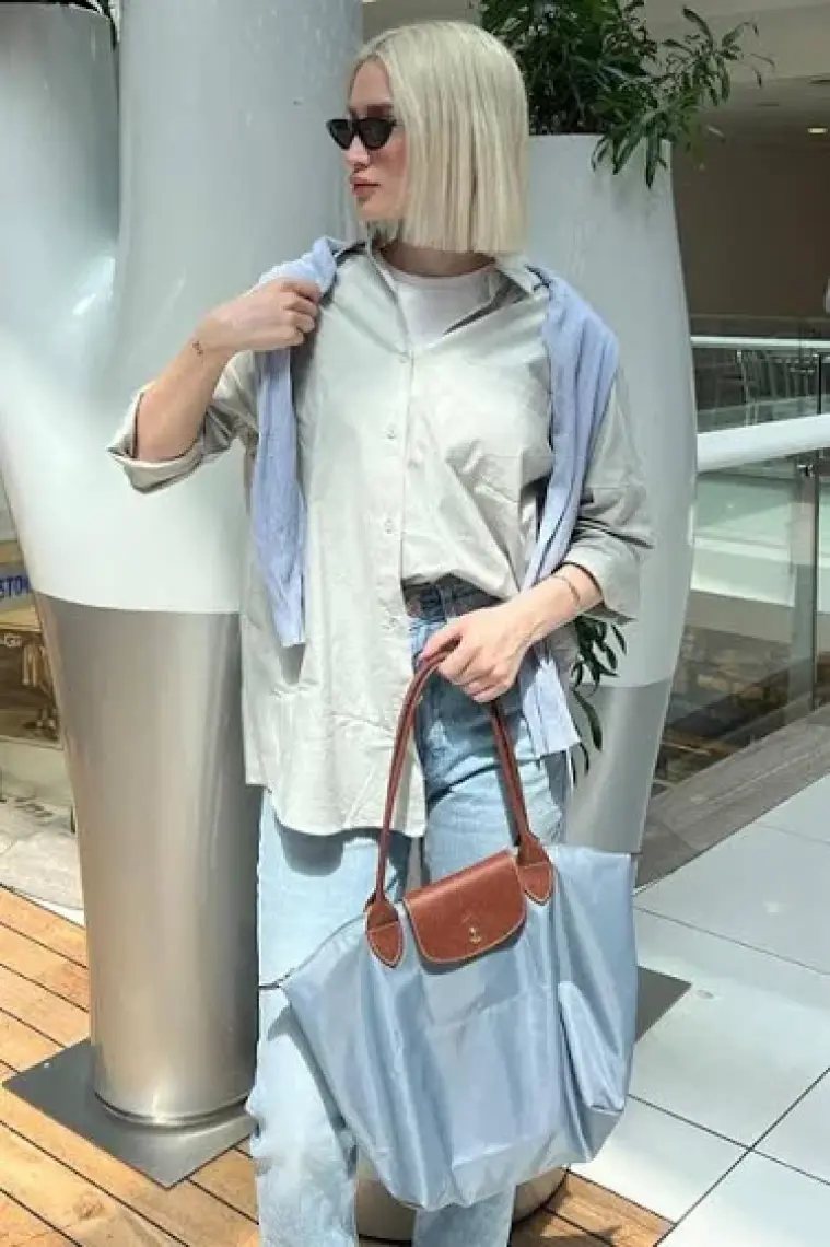 Madmext Gri Oversize Basic Cepli Poplin Gömlek MG1530