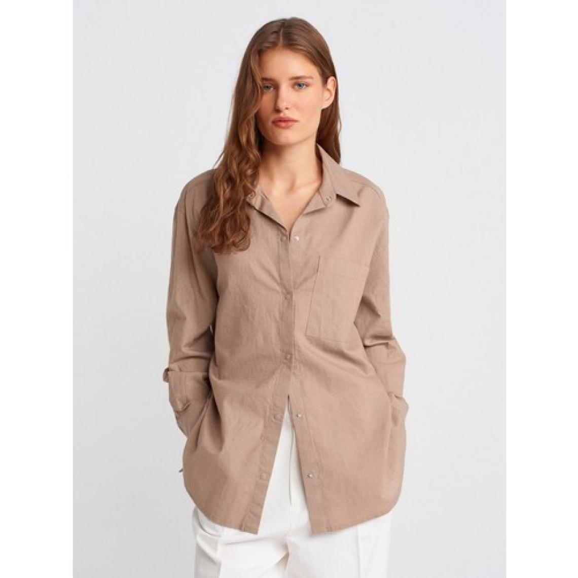 Dilvin 50497 Uzun Kollu Oversize Keten Gömlek-Vizon