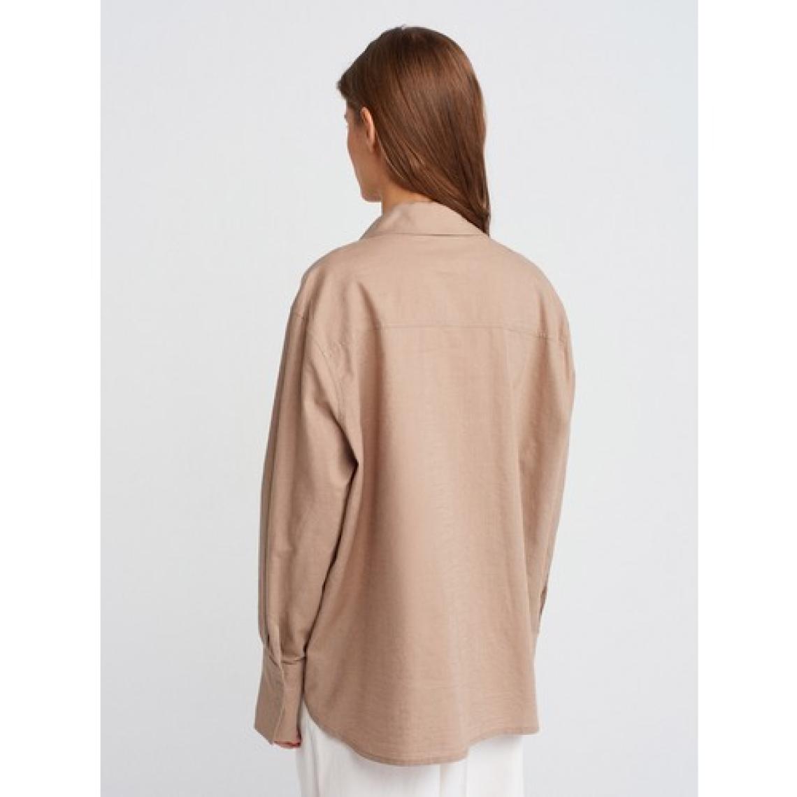 Dilvin 50497 Uzun Kollu Oversize Keten Gömlek-Vizon