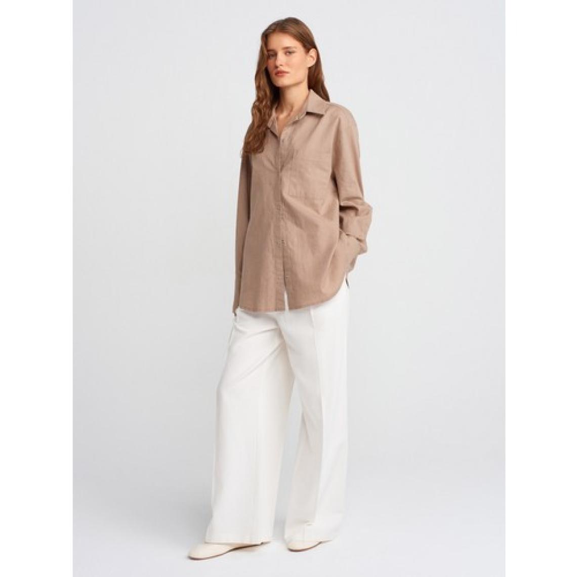 Dilvin 50497 Uzun Kollu Oversize Keten Gömlek-Vizon