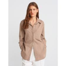 Dilvin 50497 Uzun Kollu Oversize Keten Gömlek-Vizon