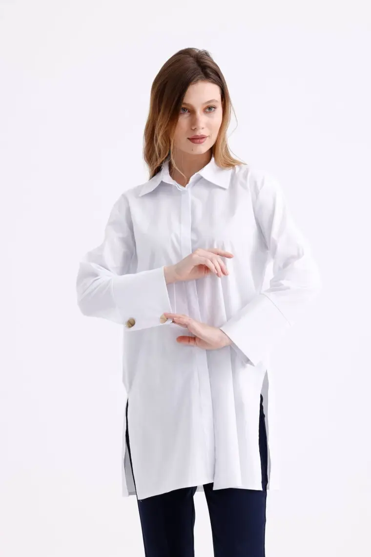 Pastelastore Geniş Manşetli %96 Pamuk Esnek Poplin Uzun Tunik Kadın Gömlek 1160