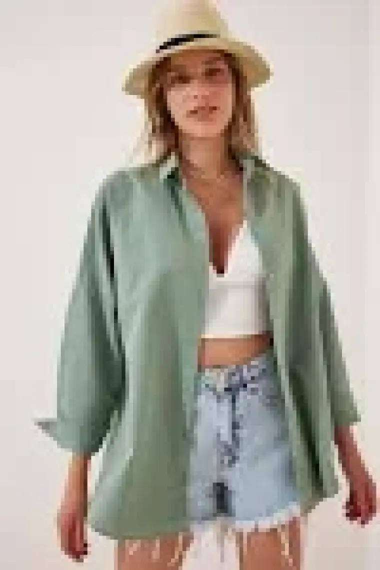 Hazelin Kadın Çağla Yeşili Oversize Uzun Basic Gömlek HZL22W-BD139001
