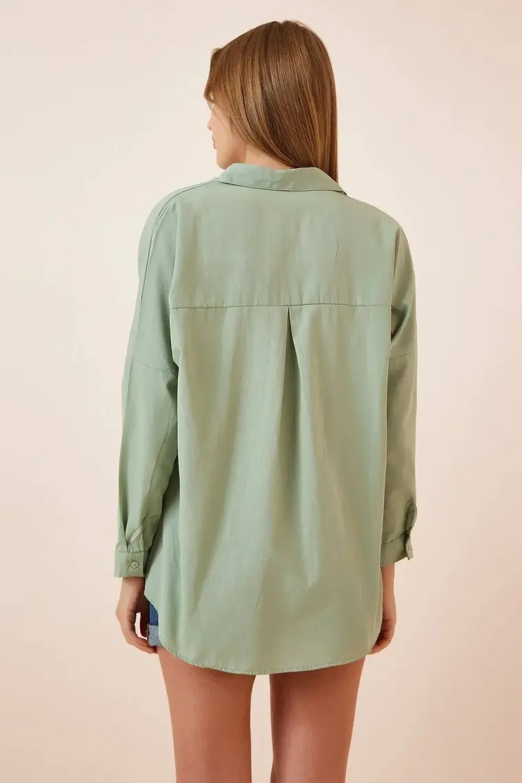 Hazelin Kadın Çağla Yeşili Oversize Uzun Basic Gömlek HZL22W-BD139001