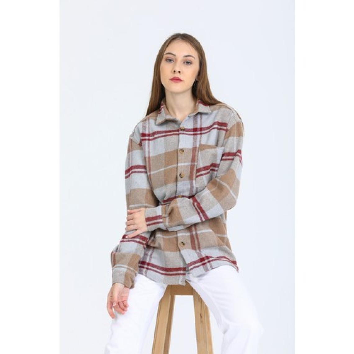 Mero Life Kadın Bej Oversize Tek Cepli Kareli Pamuklu Kalın Kumaş Oduncu Ceket Gömlek