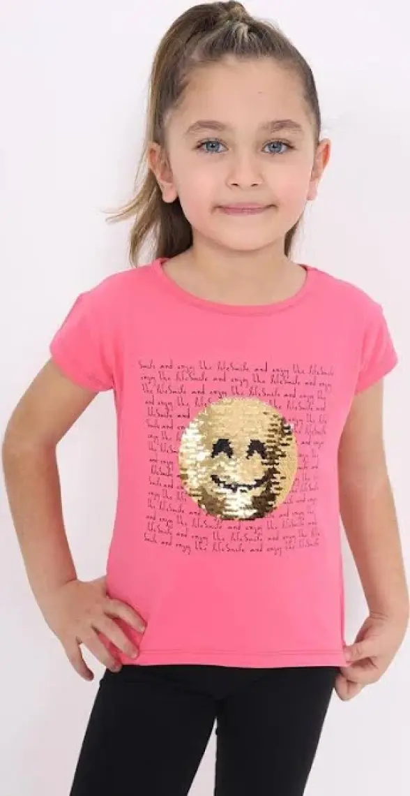 Toontoy Kız Çocuk Gülen Yüz Pullu Nakış T-shirt
