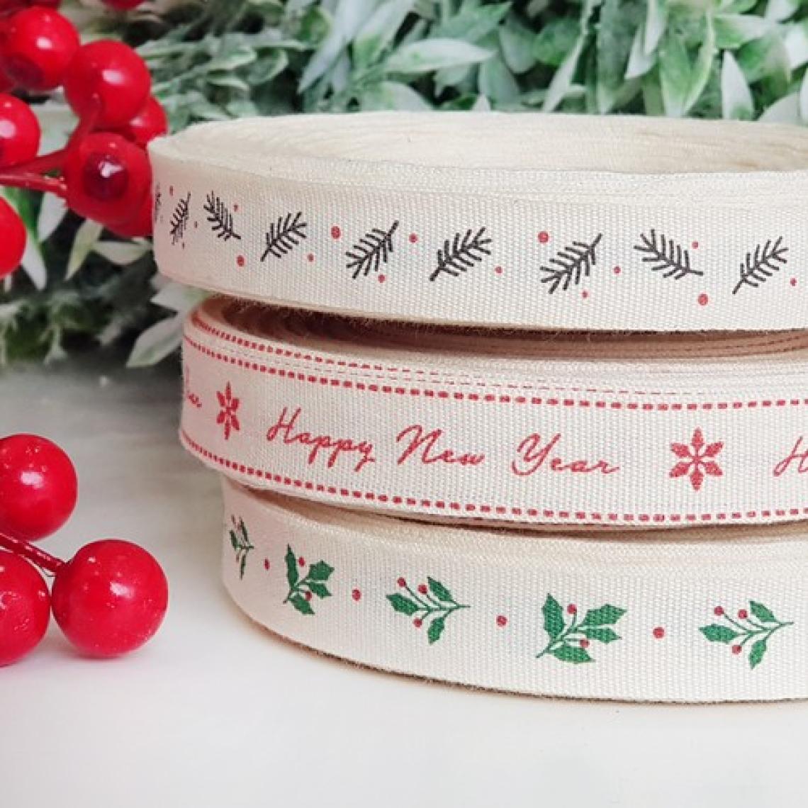 Pamuk şerit, happy new year, 1.5 cm  5 metre