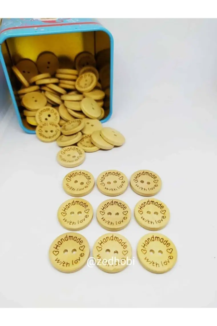 20 Adet Handmade Yazılı 20mm Yuvarlak Ahşap Düğme