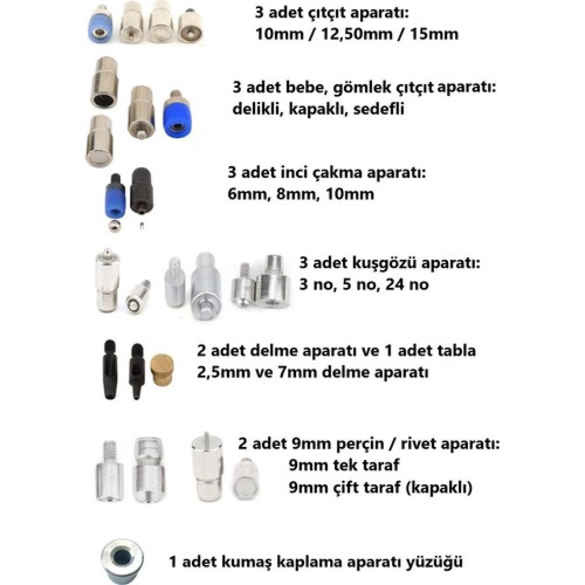 Tuhafiyecimiz Inci, Çıtçıt, Klikit, Rivet, Kuşgözü Takma Kalıplarıyla Kapsamlı Lacivert Tulumba Pres Seti (18 Kalıp)