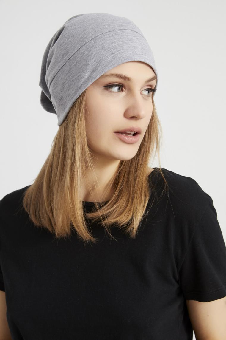 Butikgiz Kadın Gri İp Trendy Özel Tasarım 4 Mevsim Şapka Bere Buff Ultra Yumuşak Penye