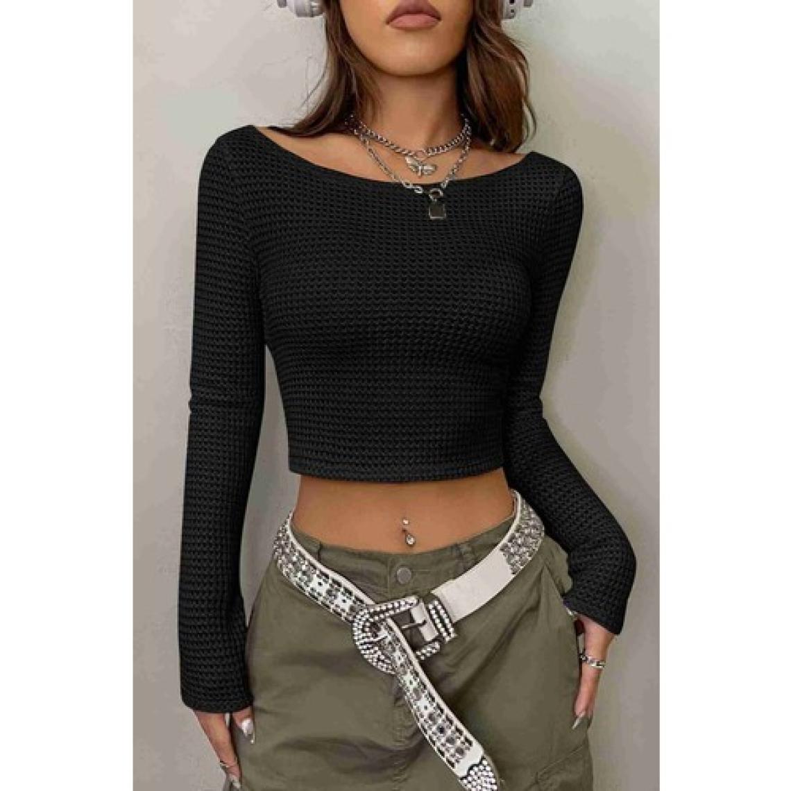 Markapia Merry See Kayık Yaka Örme Uzun Kollu Crop Top Bluz Siyah