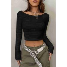 Markapia Merry See Kayık Yaka Örme Uzun Kollu Crop Top Bluz Siyah