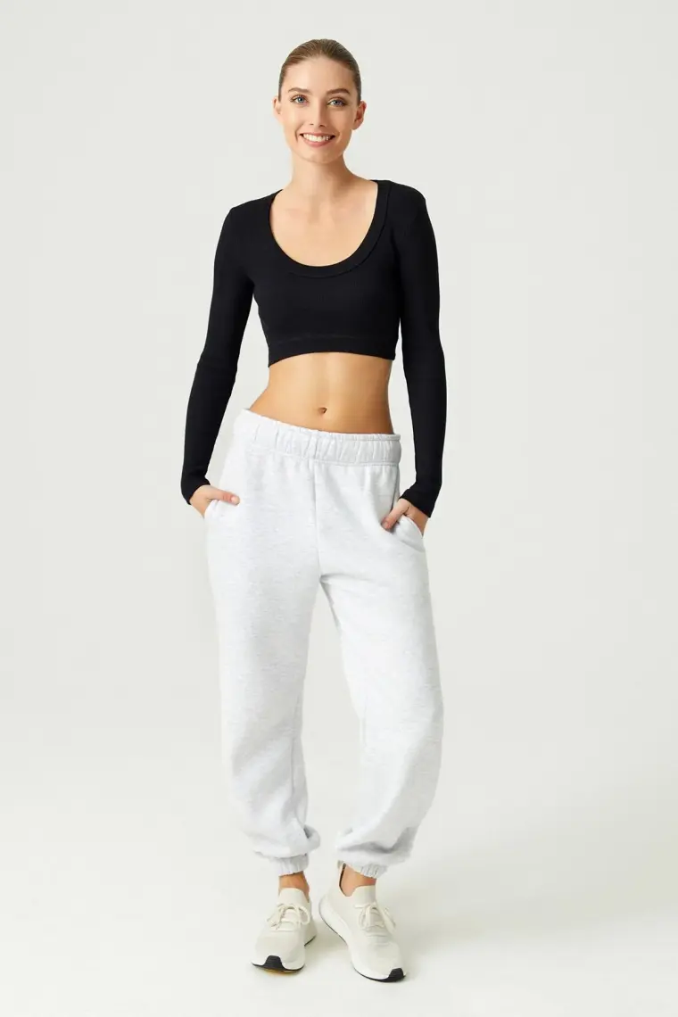 Los Ojos x Melodi Siyah Pamuklu Fitilli Crop Spor Bluz Long Sleeve