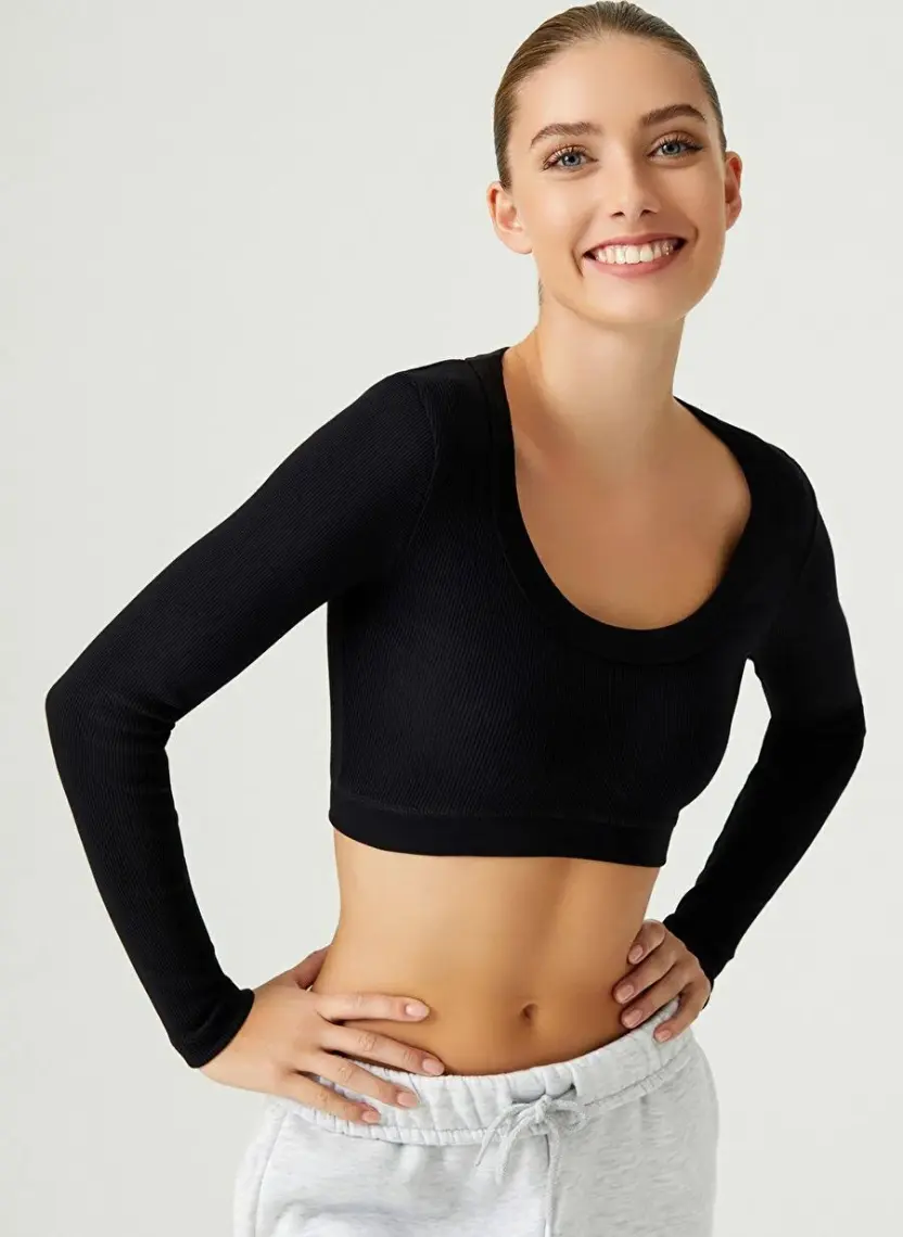 Los Ojos x Melodi Siyah Pamuklu Fitilli Crop Spor Bluz Long Sleeve