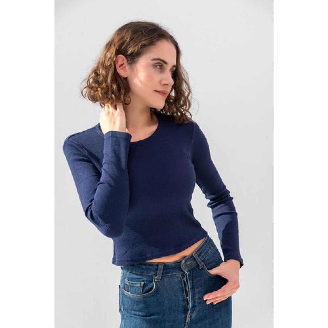 la & vetta Koyu Lacivert Uzun Kollu Fitilli Bluz Crop Örme T-Shirt