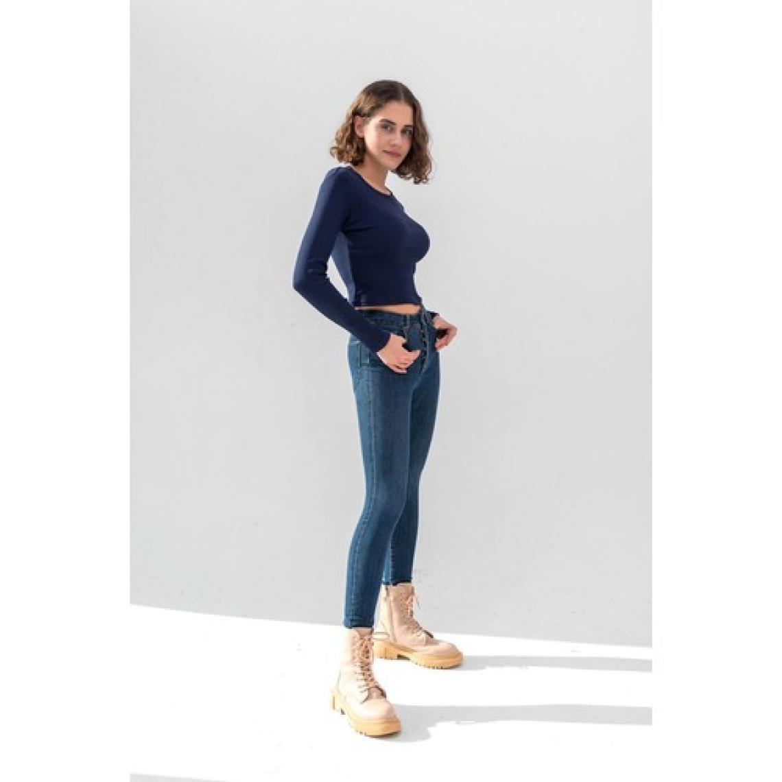 la & vetta Koyu Lacivert Uzun Kollu Fitilli Bluz Crop Örme T-Shirt