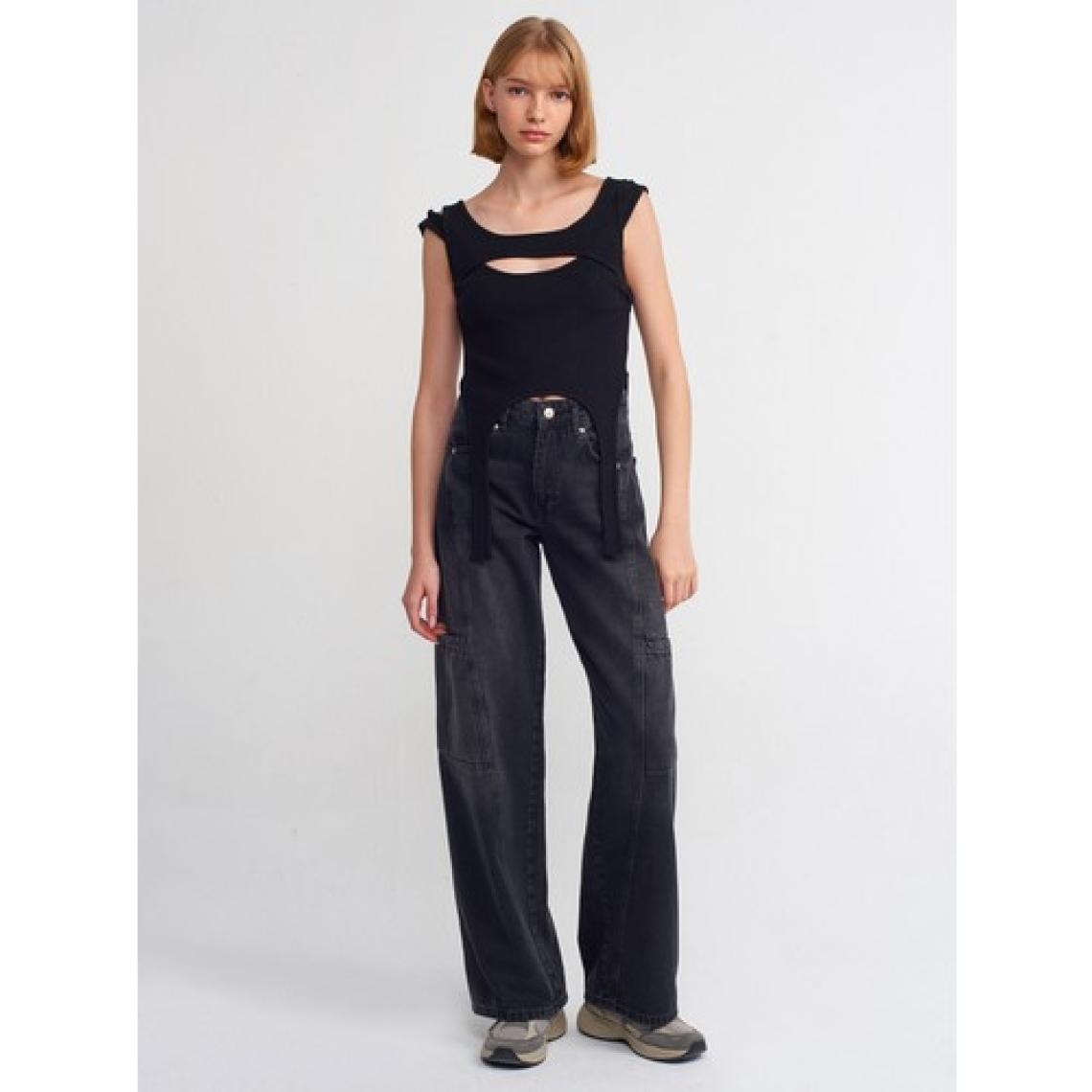 Dilvin 71378 Önü Parçalı Denim Kargo Pantolon-Siyah
