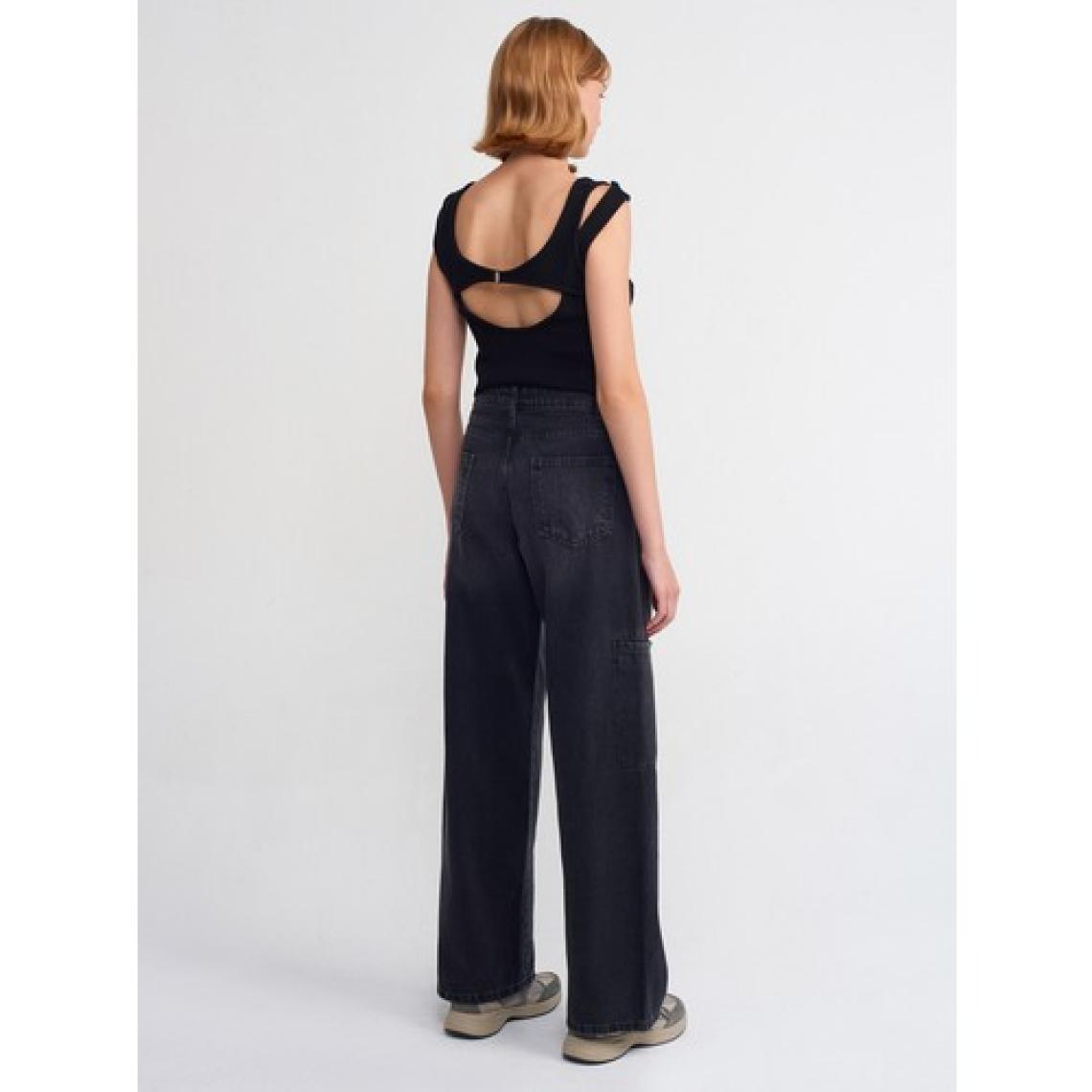 Dilvin 71378 Önü Parçalı Denim Kargo Pantolon-Siyah