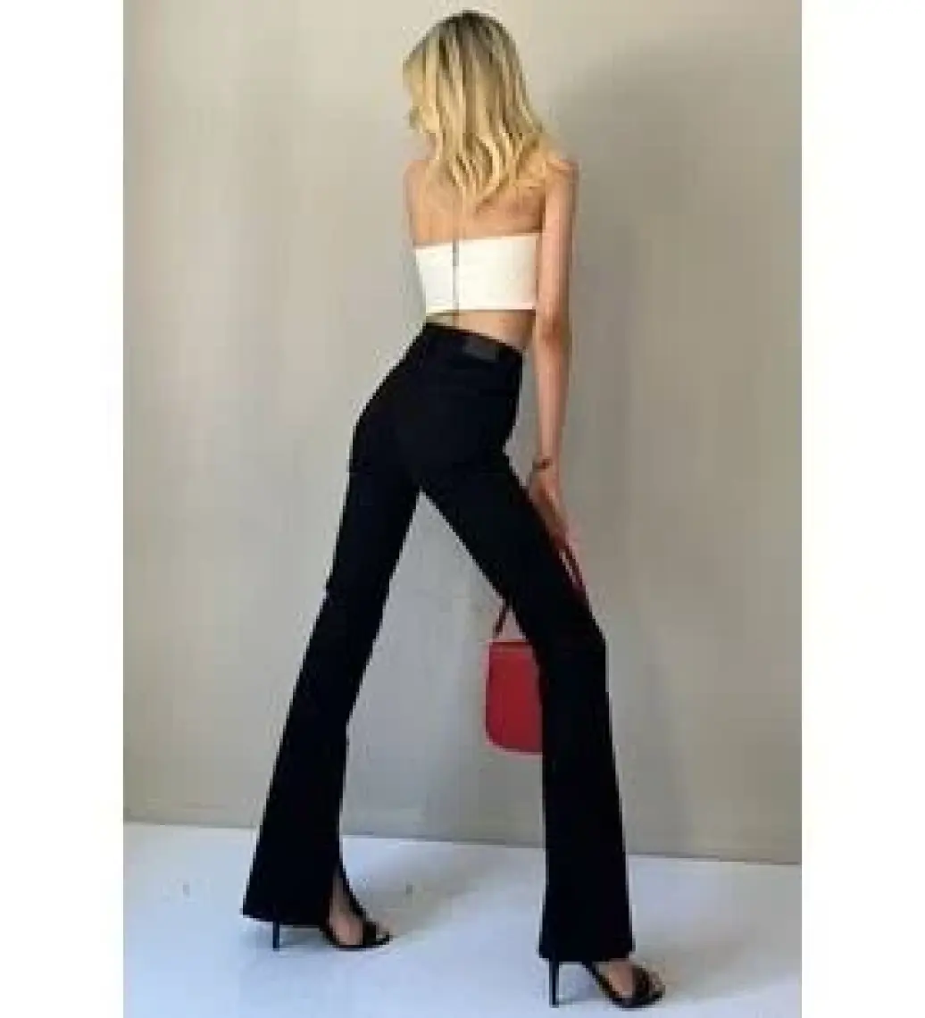 Madmext Kadın Siyah Yırtmaçlı Likralı Ispanyol Paça Jean Pantolon MG1518