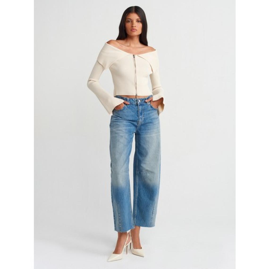 Dilvin 71716 Paça Ucu Dikişsiz Pensli Denim Pantolon-Mavi