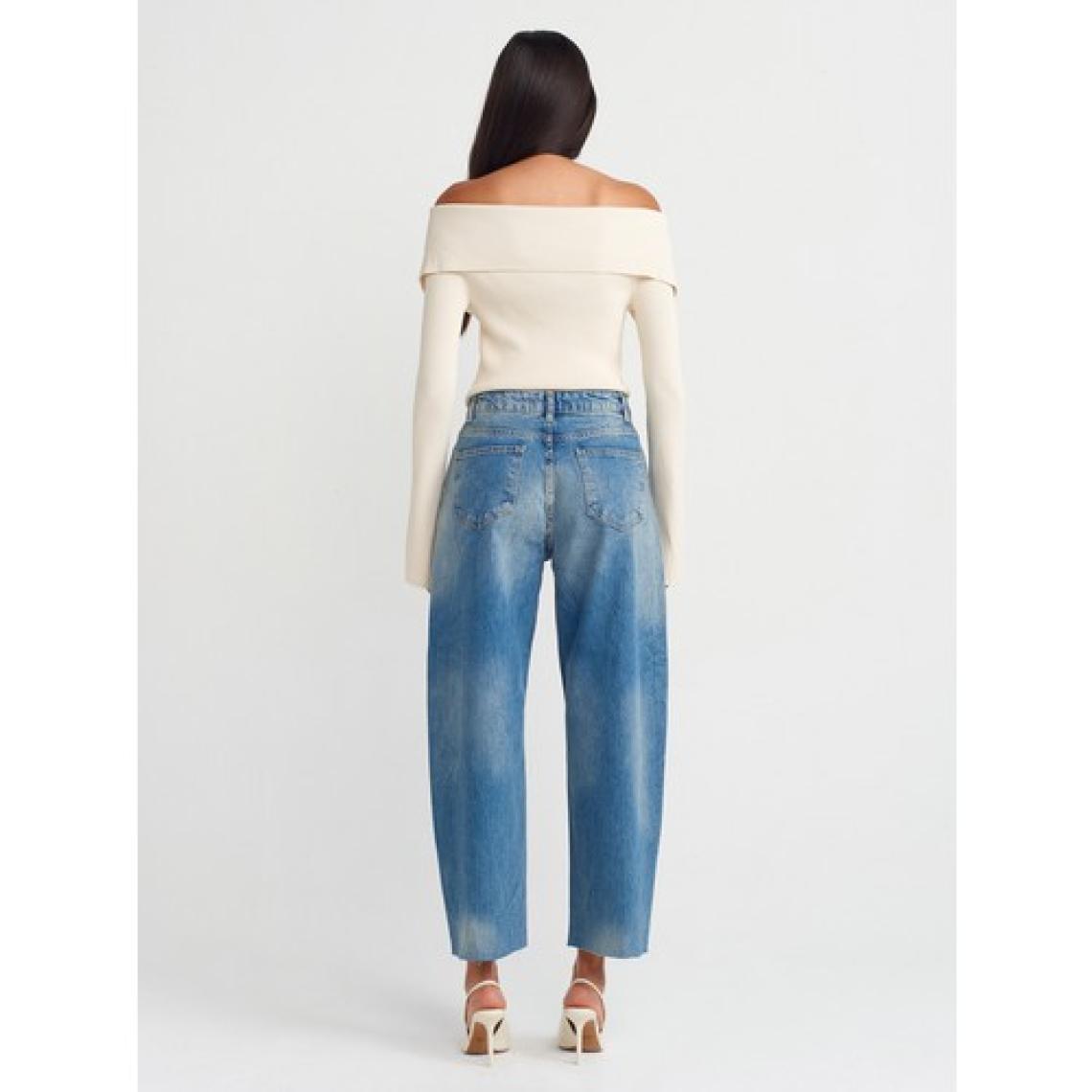 Dilvin 71716 Paça Ucu Dikişsiz Pensli Denim Pantolon-Mavi
