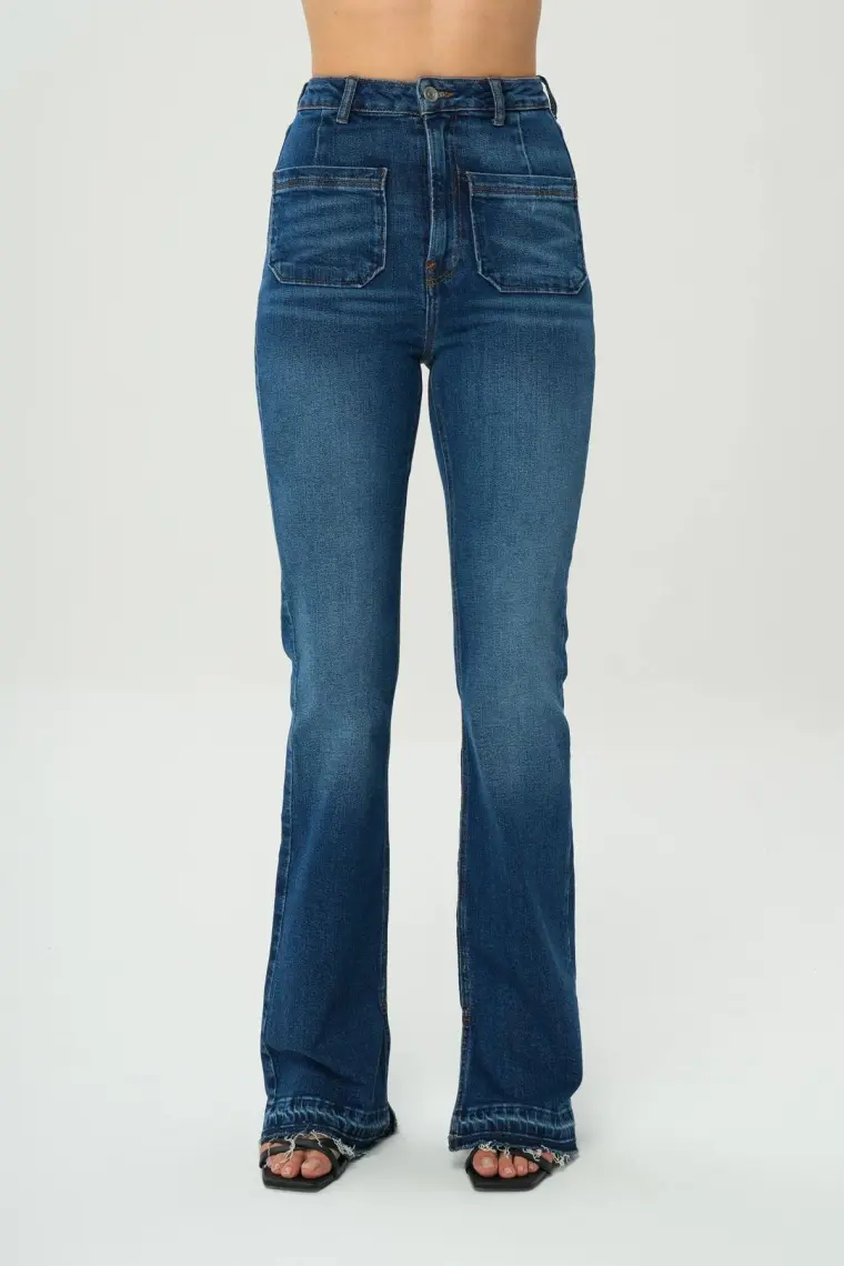 Cross Jeans Ariana Koyu Mavi Yüksek Bel Paçası Kesikli Flare Jean Pantolon C 4528-030