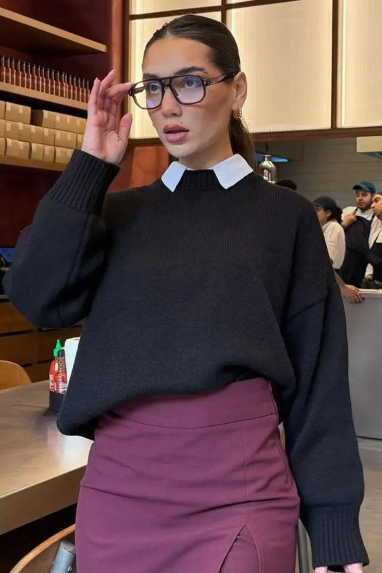 Madmext Siyah Bisiklet Yaka Oversize Triko Kazak MG1972