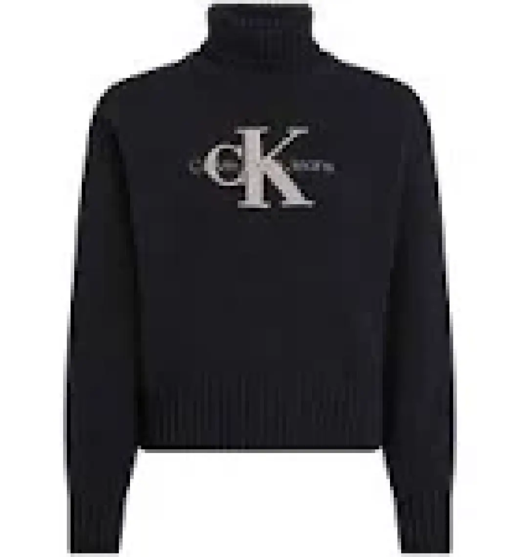 Calvin Klein Jeans Balıkçı Yaka Standart Nakışlı Siyah Kazak Kadın Chenılle Monologo Sweater