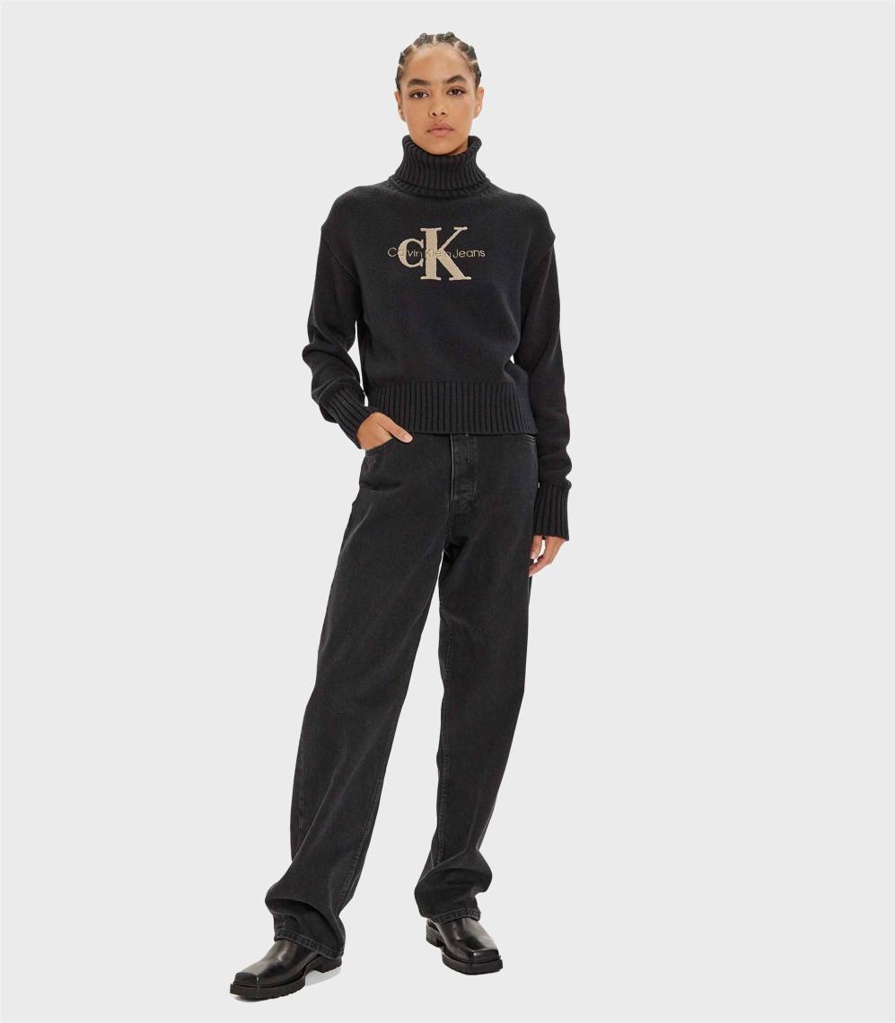 Calvin Klein Jeans Balıkçı Yaka Standart Nakışlı Siyah Kazak Kadın Chenılle Monologo Sweater