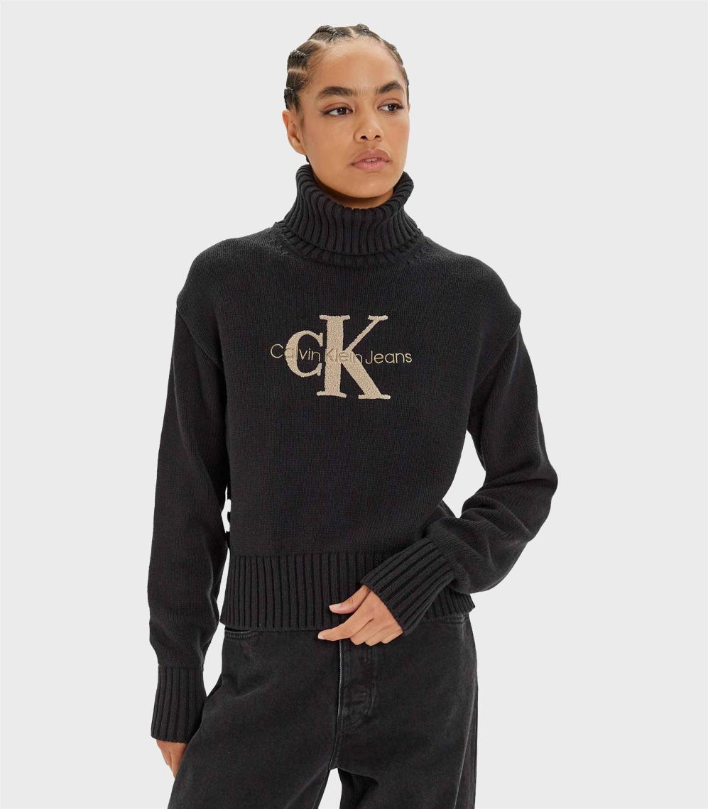 Calvin Klein Jeans Balıkçı Yaka Standart Nakışlı Siyah Kazak Kadın Chenılle Monologo Sweater