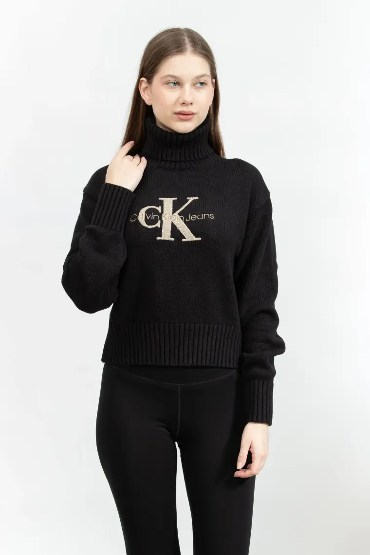 Calvin Klein Jeans Balıkçı Yaka Standart Nakışlı Siyah Kazak Kadın Chenılle Monologo Sweater