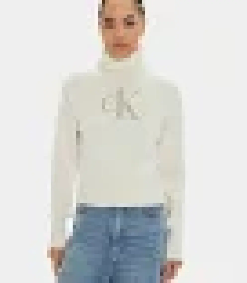 Calvin Klein Jeans Balıkçı Yaka Standart Nakışlı Siyah Kazak Kadın Chenılle Monologo Sweater
