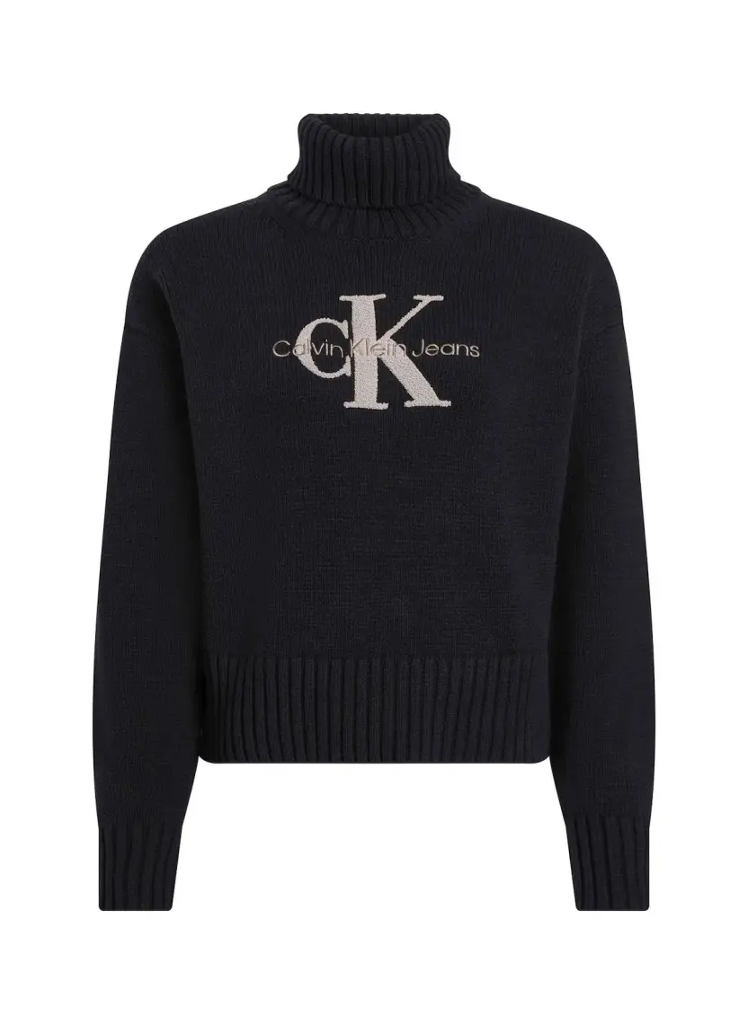 Calvin Klein Jeans Balıkçı Yaka Standart Nakışlı Siyah Kazak Kadın Chenılle Monologo Sweater