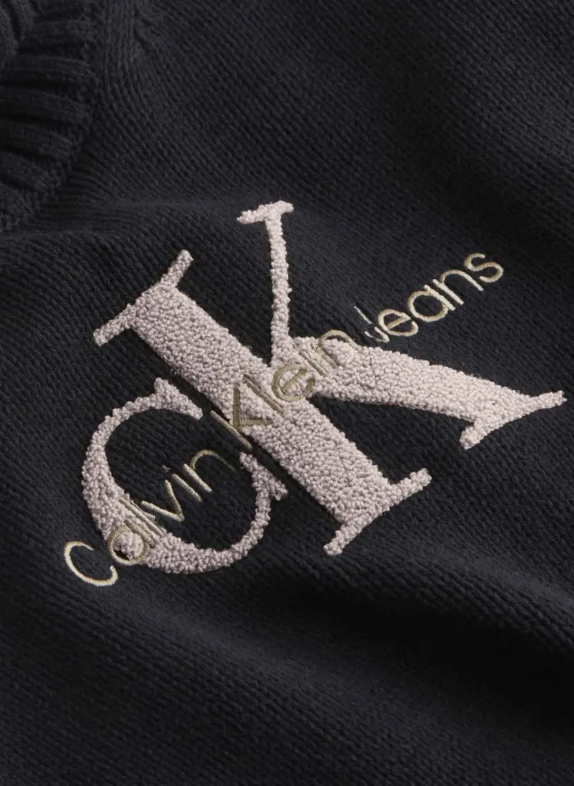 Calvin Klein Jeans Balıkçı Yaka Standart Nakışlı Siyah Kazak Kadın Chenılle Monologo Sweater