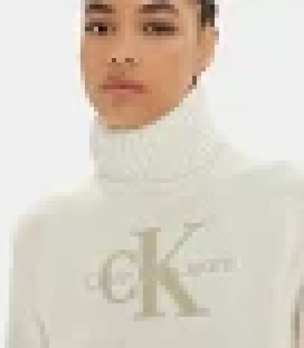 Calvin Klein Jeans Balıkçı Yaka Standart Nakışlı Siyah Kazak Kadın Chenılle Monologo Sweater