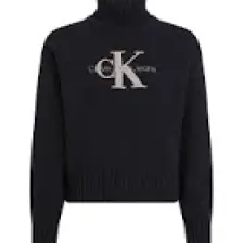 Calvin Klein Jeans Balıkçı Yaka Standart Nakışlı Siyah Kazak Kadın Chenılle Monologo Sweater