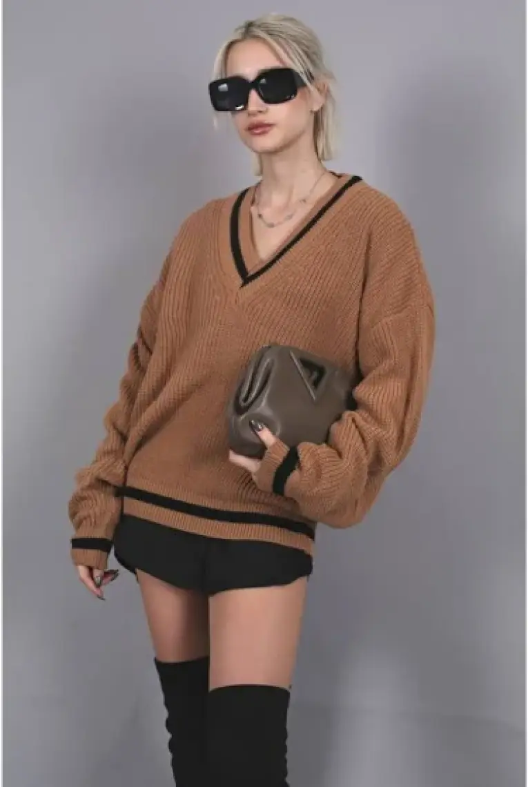 Madmext Camel V Yaka Triko Kazak MG1373