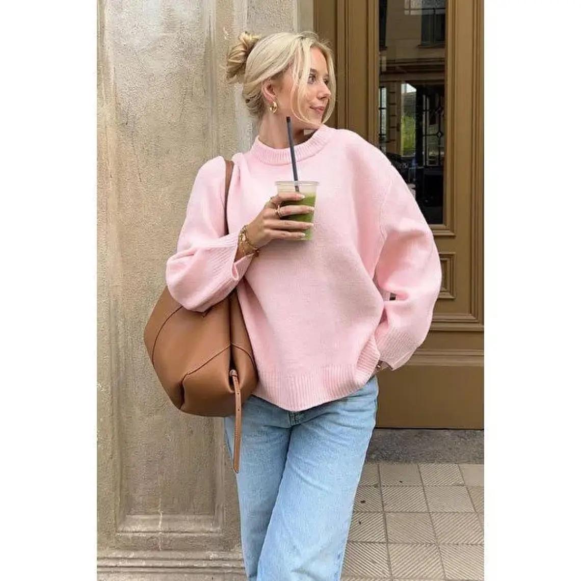 Madmext Pembe Bisiklet Yaka Oversize Triko Kazak MG1972