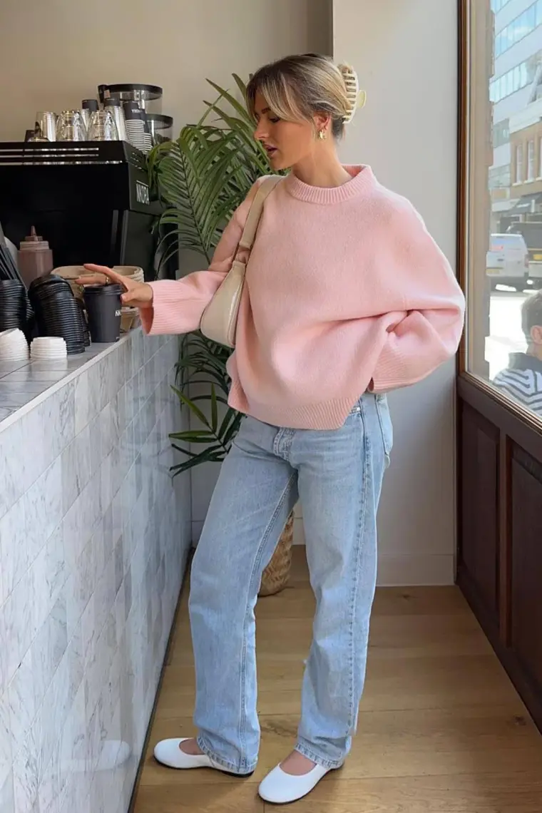 Madmext Pembe Bisiklet Yaka Oversize Triko Kazak MG1972