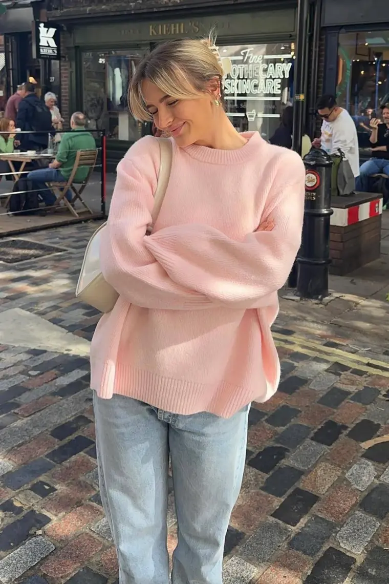 Madmext Pembe Bisiklet Yaka Oversize Triko Kazak MG1972