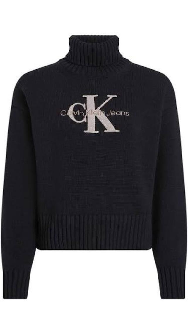 Calvin Klein Jeans Balıkçı Yaka Standart Nakışlı Siyah Kazak Kadın Chenılle Monologo Sweater