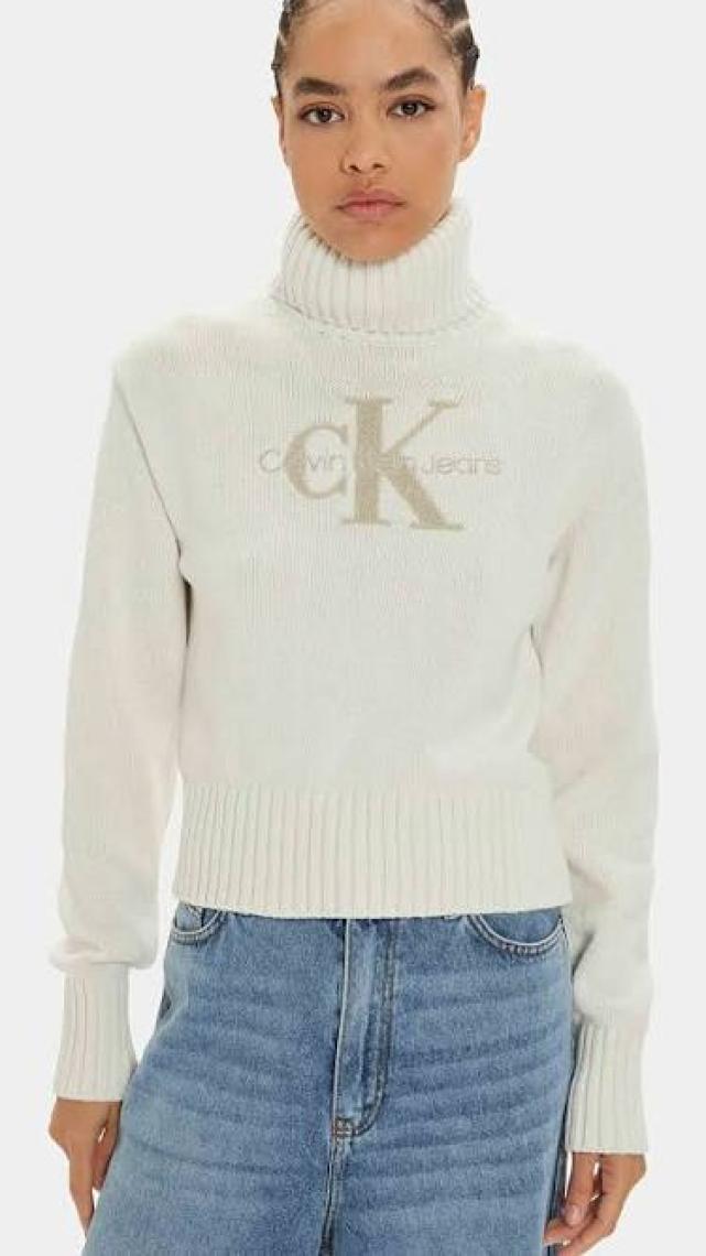 Calvin Klein Jeans Balıkçı Yaka Standart Nakışlı Siyah Kazak Kadın Chenılle Monologo Sweater
