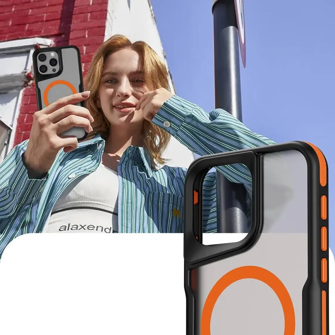 ZORE Apple iPhone 15 Pro Uyumlu Magsafe Şarj Özellikli Renkli Kenar Airbag Şeritli Lamer Kapak-Titanyum-Go