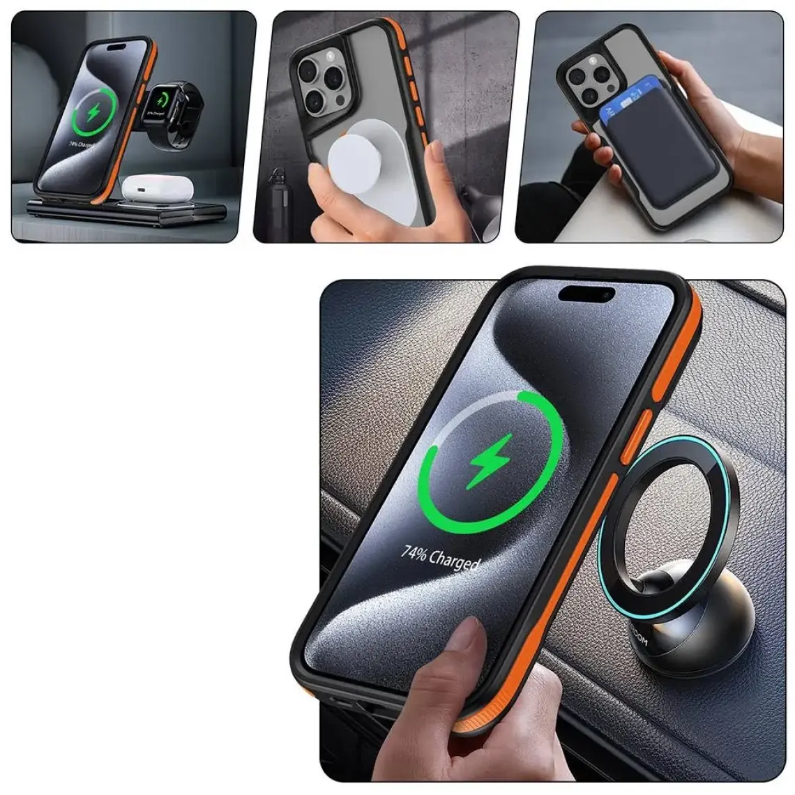 ZORE Apple iPhone 15 Pro Uyumlu Magsafe Şarj Özellikli Renkli Kenar Airbag Şeritli Lamer Kapak-Titanyum-Go