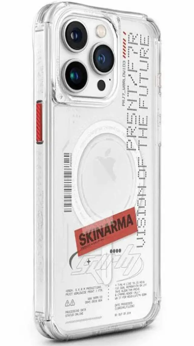 Skinarma iPhone 15 Pro Uyumlu Kılıf Skinarma Magsafe Şarj Özellikli Yazı Desenli Airbagli Orion Kapak Şeffaf